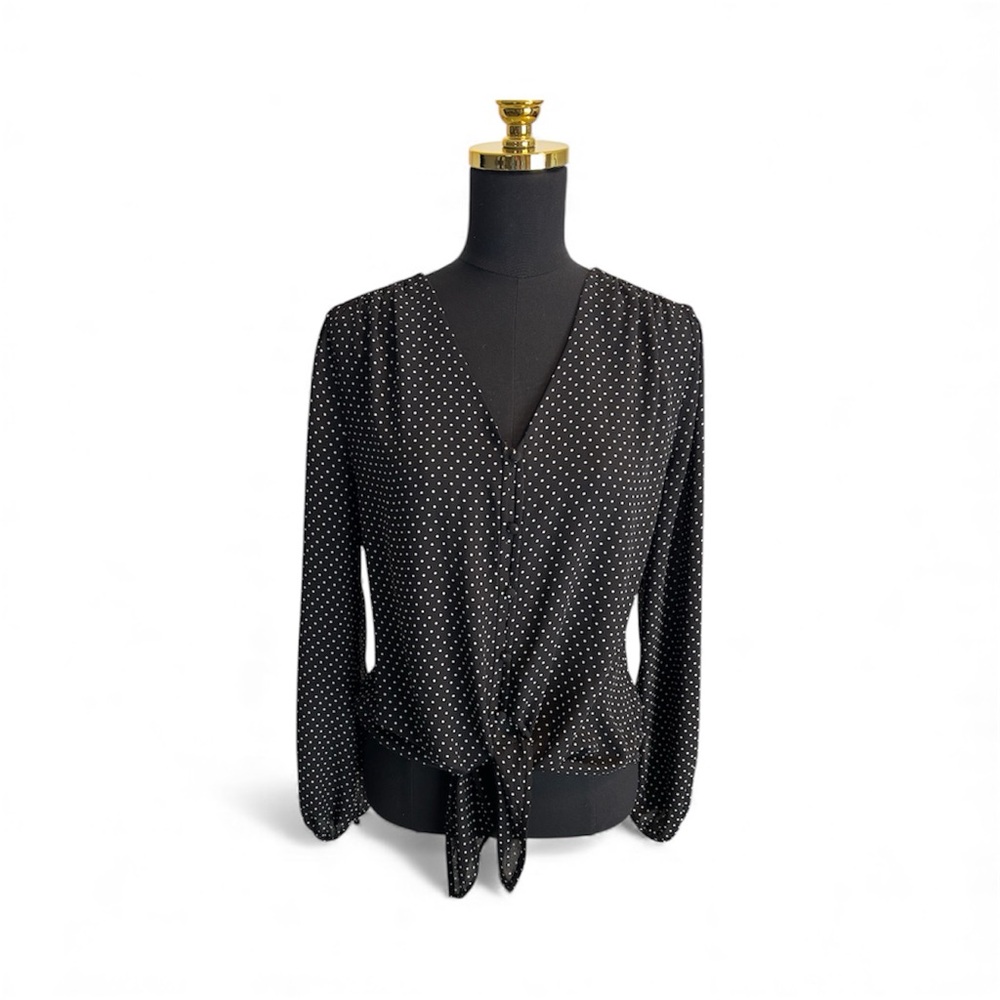 White House Black Market Black Front Tie and White Polka Dot Blouse Womens M